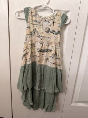 Tiny Revival Girls 3T Bamboo Sleeveless Military Vehicles Print Hi-Low Dress